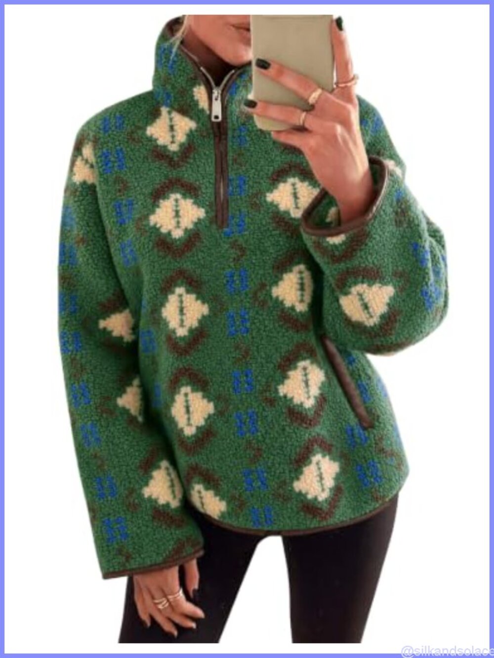 Sherpa Fleece Quarter Zip Pullover Sweatshirt Faux Leather Trim Oversized